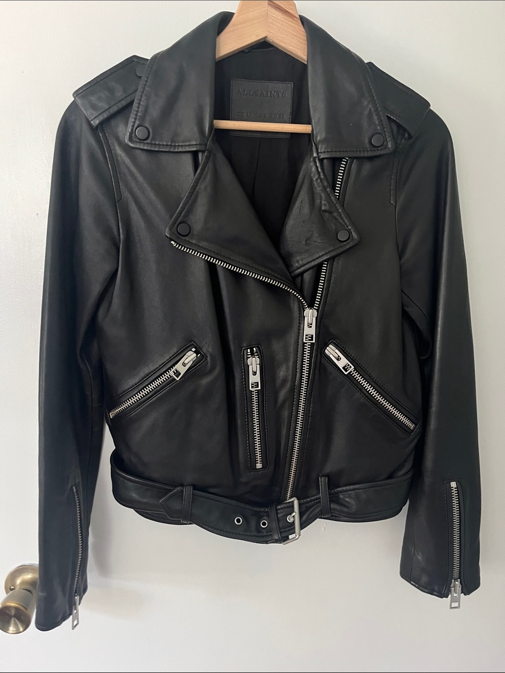 All Saints Black Leather Biker Jacket with Silver Hardware